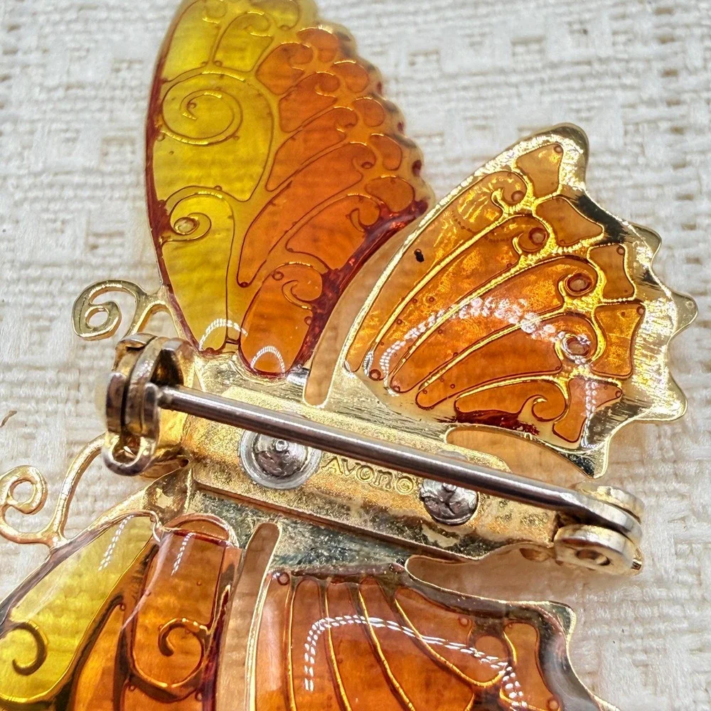 Vintage 70s Avon Orange Yellow Butterfly Wings w/ Stained Glass Effect Brooch